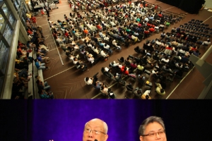 上：來自全加各地會友及世界各國宣教士聚首一堂。下：麥希真牧師(左)分享訊息。（圖：大會攝影） <br/>