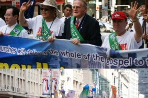 「雪梨聖城大遊行」時，基督教民主黨主席Fred Nile（中）與多位韓國牧師走在隊伍的前端。（圖：本報記者） <br/>