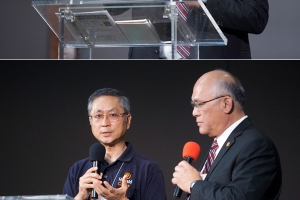 （上）角聲關懷（義務）總監王慶元長老、（中左）角聲癌症關懷主任兼基層事工代理主任龔振成、（下左）角聲護家中心主任周紅分別分享事工現況及未來展望。（圖：基督日報/ Hudson Tsuei） <br/>