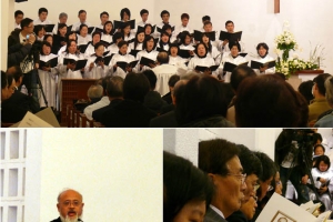 上：北角衞理堂詩班獻唱予敬重的梁牧師。下左：盧龍光牧師主持安息禮拜。(圖：基督日報) <br/>