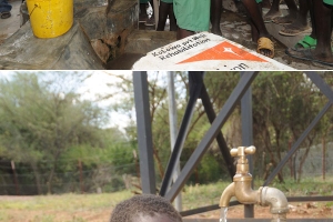 （上）科羅瓦計畫區（Kolowa ADP）內，學生們看見湧出的乾淨水源都興奮不已，但仍有更多區域在等待水資源的建設。（下）科羅瓦（Kolowa）地區的小男孩，透過展望會所設置的供水站，開心地享受乾淨的水源。（圖：世界展望會提供） <br/>