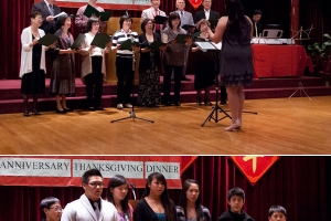 三藩市中華基督教主恩堂的男女老少上台獻唱，頌讚神的恩典。（圖：基督日報/ Hudson Tsuei） <br/>
