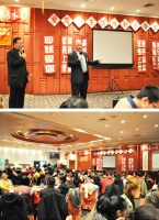 上圖：來自台灣的劉瑞河（左）与國際基甸會大紐約區理事Trevor Thomson（右）介紹紐約贈送聖經活動現況。下圖：社區基督徒領袖及弟兄姐妹共超過160人參加。（圖：基督日報） <br/>