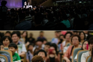 力克胡哲在大地教會等分享見證，感動韓國弟兄姊妹。（圖：沒有四肢的生命） <br/>
