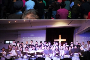 從上至下：敬拜小組帶領敬拜，聯合詩班現唱，信心聖經神學院同學表演的舞臺劇。（圖：本報記者） <br/>