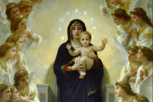 天主教不少圖像或聖壇上的雕塑是以大聖母抱著小耶穌的形象。此為聖母瑪利亞升天圖，手中亦抱著嬰孩耶穌 <br/>