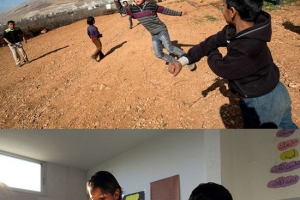 圖上：一群熱愛足球的敘利亞難民兒童參加了一場由世界展望會等機構舉辦的難民營足球賽，享有片刻暢快踢球的歡樂；圖下：難民營兒童在認真讀書。（圖：台灣世界展望會） <br/>