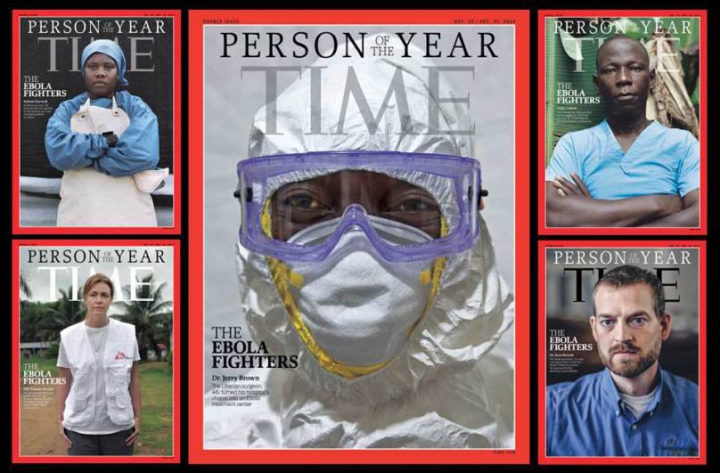 美國《時代》雜誌(Time Magazine)10日公佈了本年度風雲人物，由全世界參與抵抗伊波拉疫病的「抗伊波拉戰士們」(The Ebola Fighters)獲得，包括醫生、護士、救護車司機以至葬禮團隊等人。(圖:TIME)