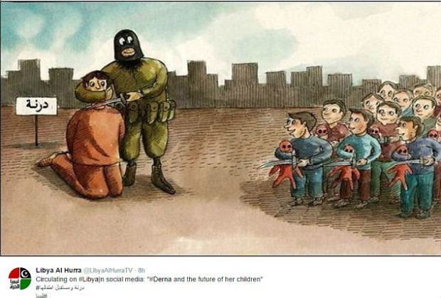 《英國郵報》刊登一幅漫畫，描繪伊斯蘭國孩子怎樣模仿學習斬首的殘忍行為。(圖：英國郵報)
