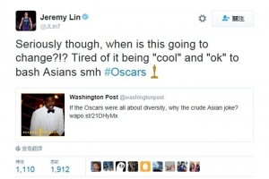 林書豪2月29日在推特發文表示，「說真的，這種情況(種族歧視)何時可以改變？請大家冷靜與友好對待亞裔人士，奧斯卡。」 <br/>
