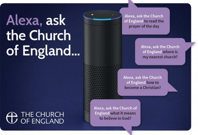 英國聖公會(Church of England)嘗試使用亞馬遜(Amazon)的智能語音助理Alexa幫助人們祈禱、尋找教堂。圖為教會宣傳資料.(Church of England)