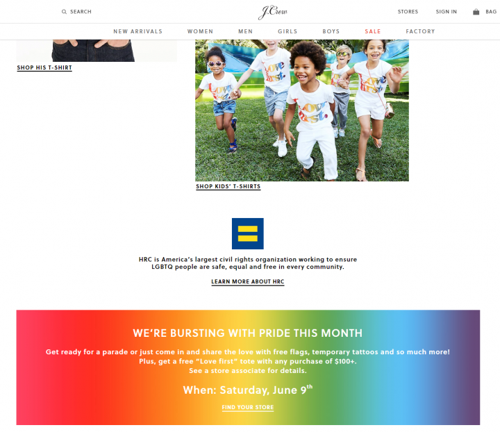 J.Crew流行服飾品牌加入了六月份「LGBT自豪月」的行列，出售同性戀標語的T恤來為維權組織籌款，甚至將該主題推廣至兒童市場。(網絡截圖)