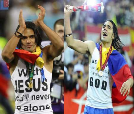 哥倫比亞前鋒拉達梅爾•法爾考（Radamel Falcao) 。這位歷史得分王以得分後會提起他的球衣，露出一件T恤，上面寫著「和耶穌在一起，你永遠不會孤單」(Con Jesus nunca estara solo)而聞名。