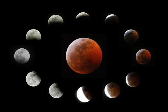2019年首次「超級血狼月」，在美國洛杉磯看到月全食的過程，中間是完整血月，圍繞在四周的是月全食的景像。(美聯社)