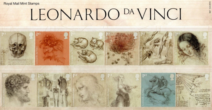 英國推12枚郵票印達文西紙本畫作。（圖：網絡圖片）