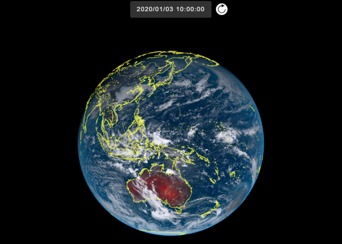 日本氣象衛星向日葵8號1月3 日拍得動態影像，澳洲版塊變成一片通紅。（圖：網絡圖片）