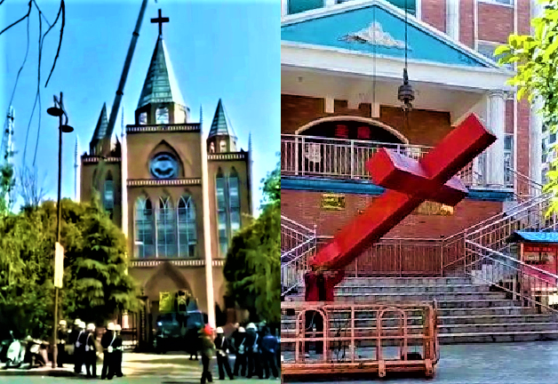 百年歷史三河教堂［左］、含城教堂［右］被拆十字架。（圖：網絡圖片） 