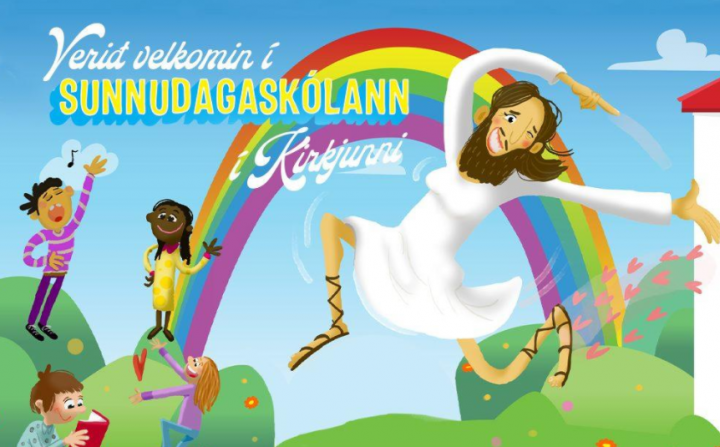 冰島國教會主日學海報顯示穿著白色連衣裙和化妝的大胸脯鬍子耶穌，在彩虹下歡快地跳舞。（圖：網絡圖片） 