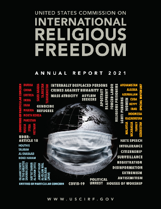 《2021年度報告》左上角紅色字是14個列為「特別關注」的國家。（圖：美國國際宗教自由委員會網頁） 