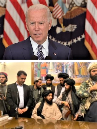上圖：美國總統拜登為撤軍辯護<br />
下圖：塔利班領袖入主阿富汗總統府
