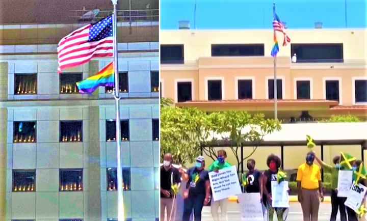 美國駐港領事館6月懸掛驕傲旗；牙買加民眾在美大使館抗議。（圖：網絡及視頻擷圖）