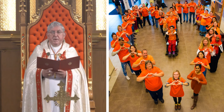 柯林斯總主教發表禱文／學生在過往「橙衣日」活動。（圖：視頻擷圖／orangeshirtday.org） 

 