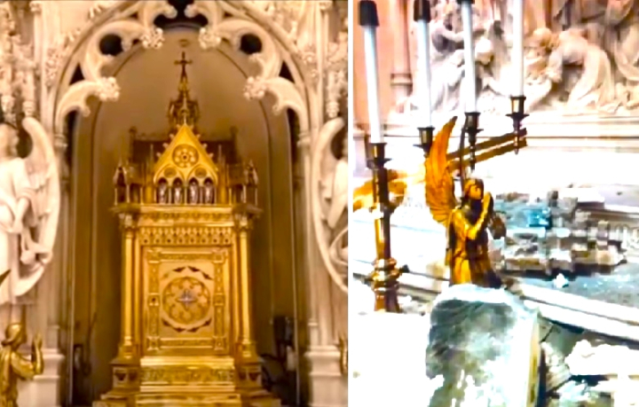 純金的聖幕及部分雕像被破壞。（圖：YouTube擷圖） 