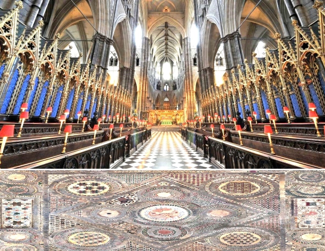 倫敦西敏寺教堂［上圖］，科斯馬蒂（Cosmati）人行道［下圖］。（圖：維基百科）
