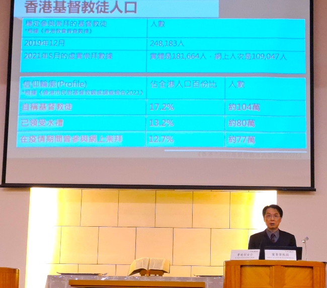 上圖：葉菁華教授簡介《香港基督教焦點小組研究分析2023》／下圖：上下午兩場聚會約300多人次參與。（圖：基督日報）