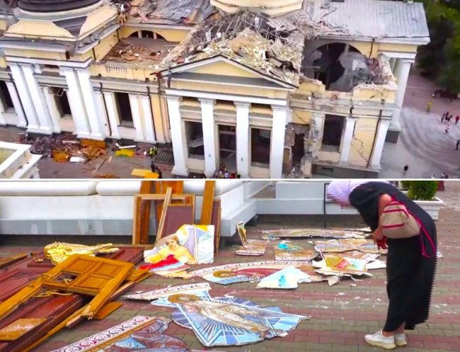 主顯聖容大教堂被導彈襲擊，聖像和飾面圖案碎散地上。（圖：華視擷圖）
