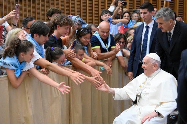 教宗8月在一慶祝活動與青年握手。（圖： 梵蒂岡臉書）