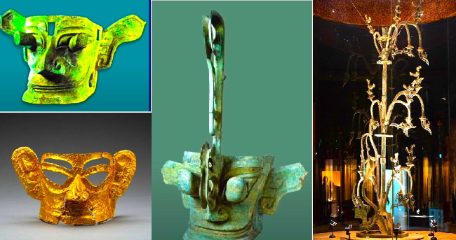 青銅面具、金色面具、聖人完人青銅面具、青銅樹。（圖：香港故宮文化博物館／創世電視／維基百科）