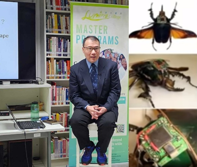 黃伯農講解機器嵌入遙控甲蟲、神經生物科技發展、第6代戰爭等。（圖：恩光書院提供／crowdedfr YouTube擷圖）