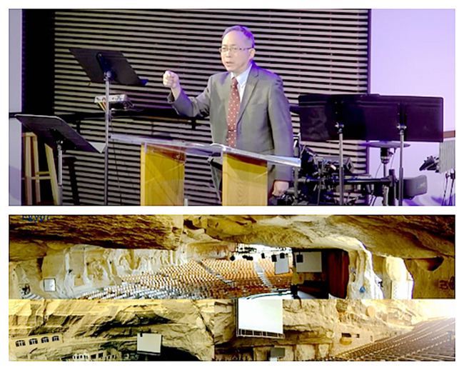 李燕光牧師［上圖］，中東最大教會莫卡塔姆（Mokattam Cave Church Cairo）在洞穴中，每主日逾7萬人聚會［下圖］。（圖：基督之家第五家視頻擷圖）